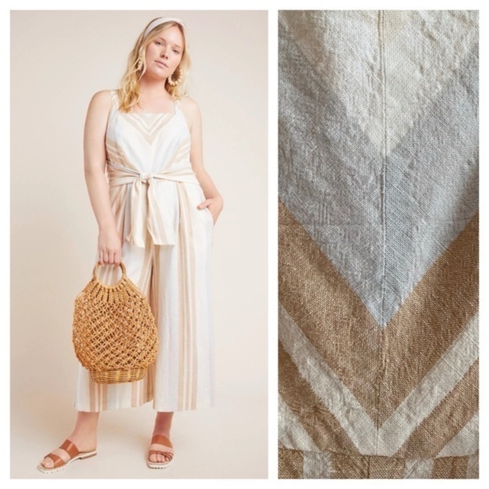 Anthropologie Savannah Beige Striped Linen Blend Jumpsuit 14